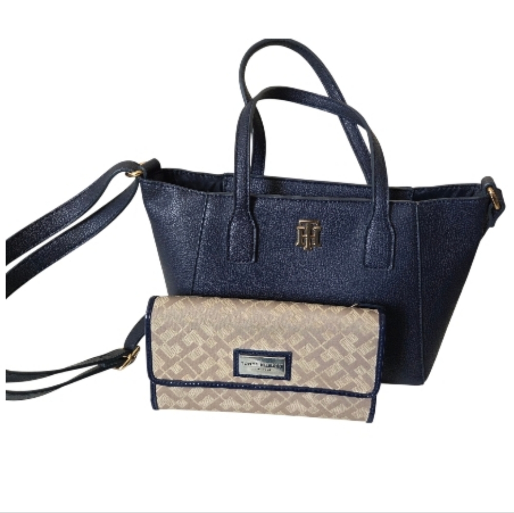 Tommy Hilfiger TH Icon Mini Navy Tote and Matching Trifold Continental Wallet